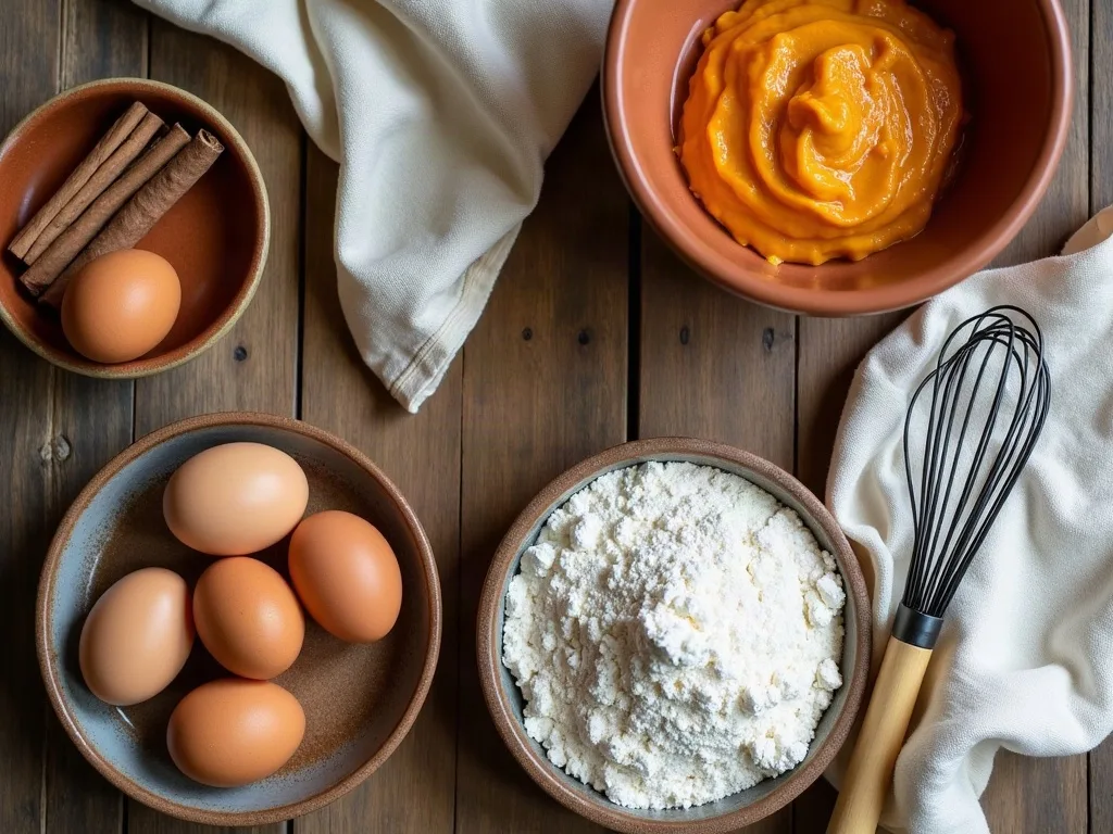Overhead flat-lay of a rustic wooden kitchen table with food and linens in warm cream and terracotta tones