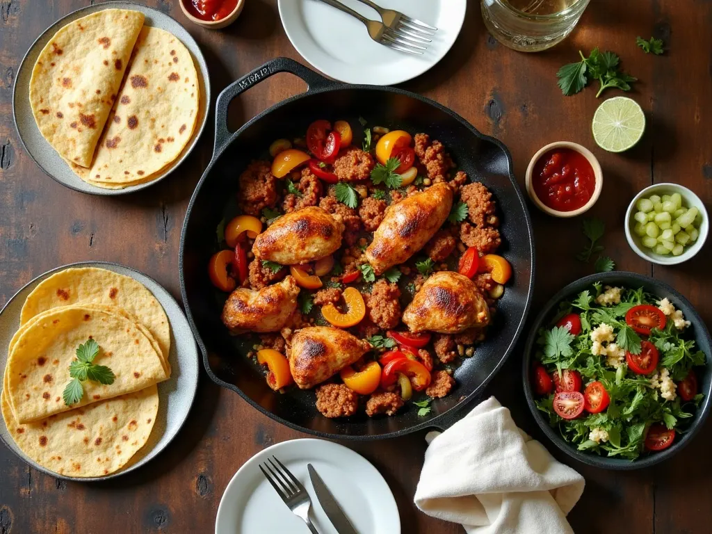 A warm family kitchen table with a healthy home-cooked dinner being served