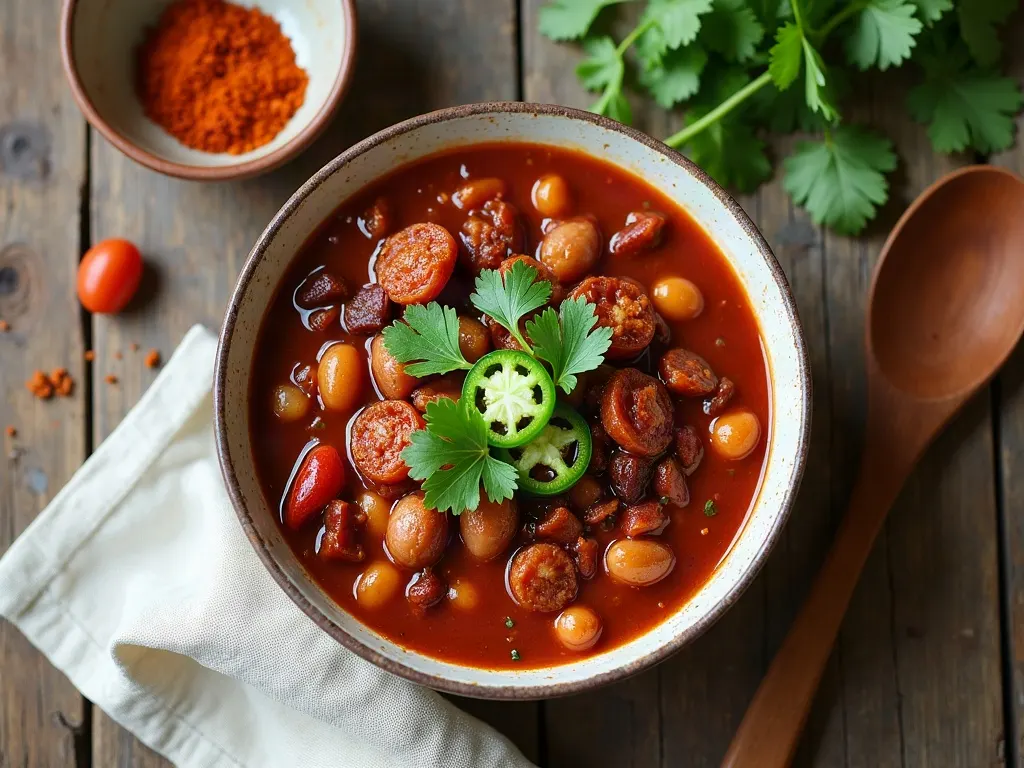 A bowl of hearty paleo chili with jalapeños on a warm wooden table